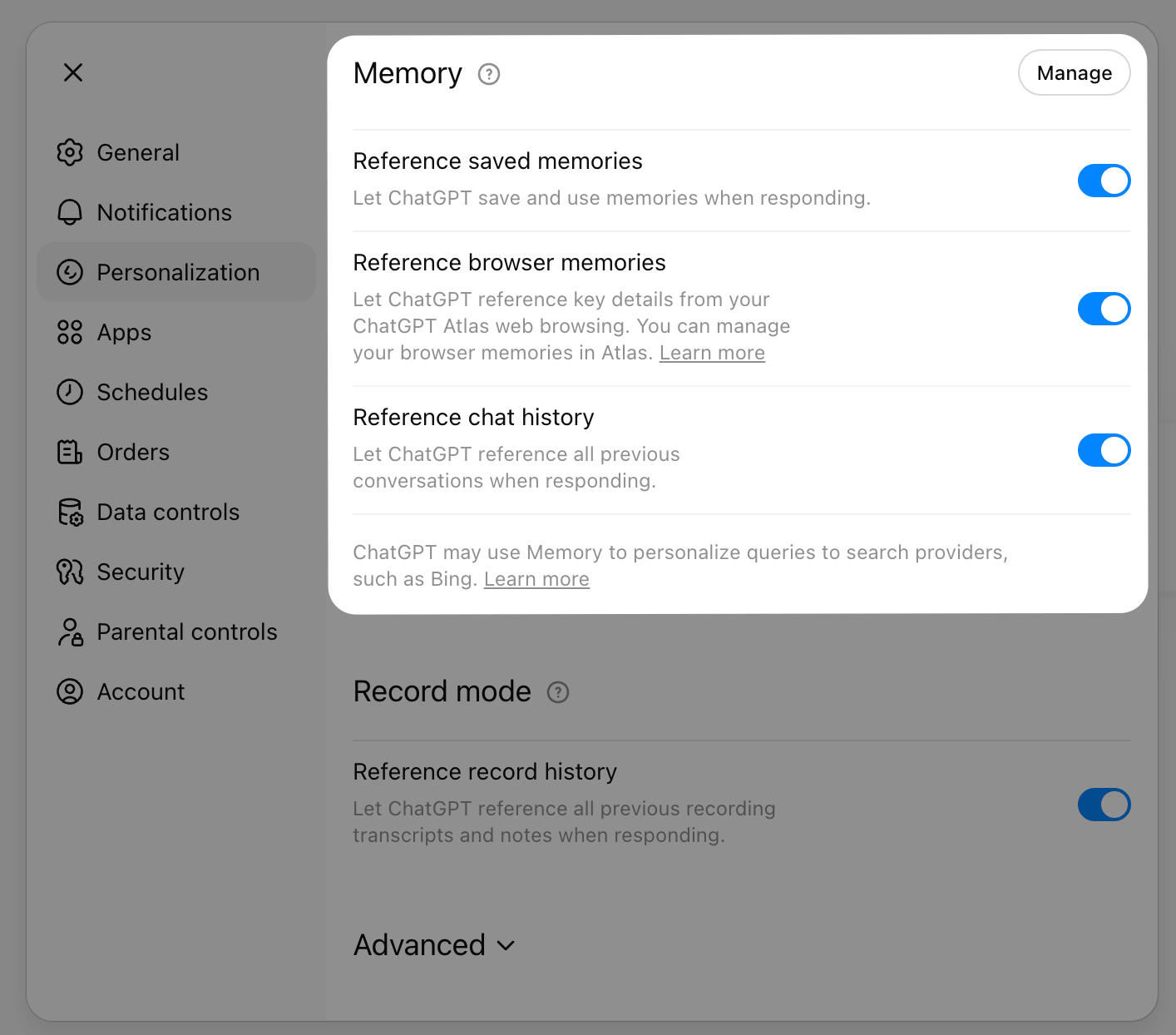 ChatGPT Memory settings page — options for referencing saved memories and chat history