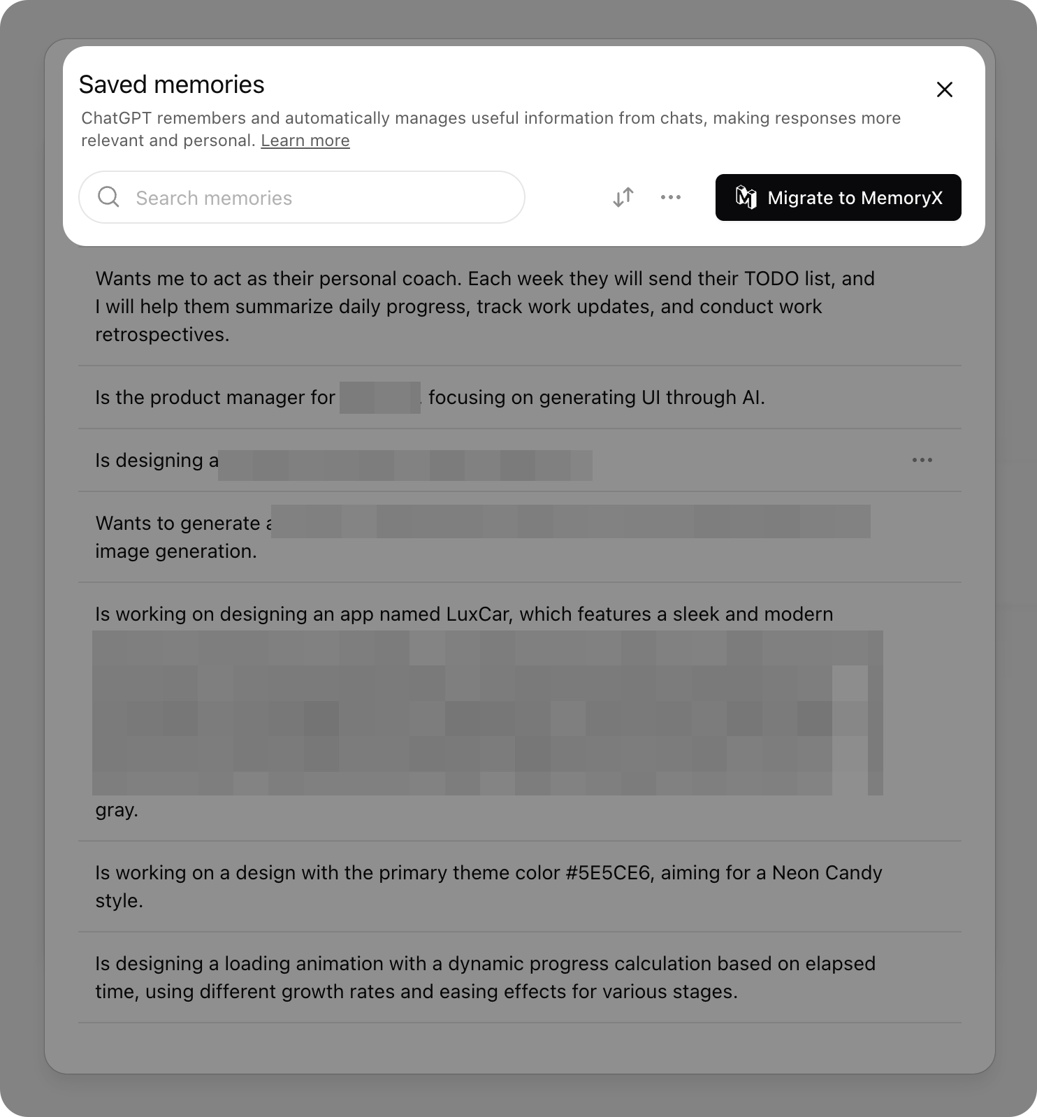 ChatGPT saved memories list — user facts extracted from AI conversations