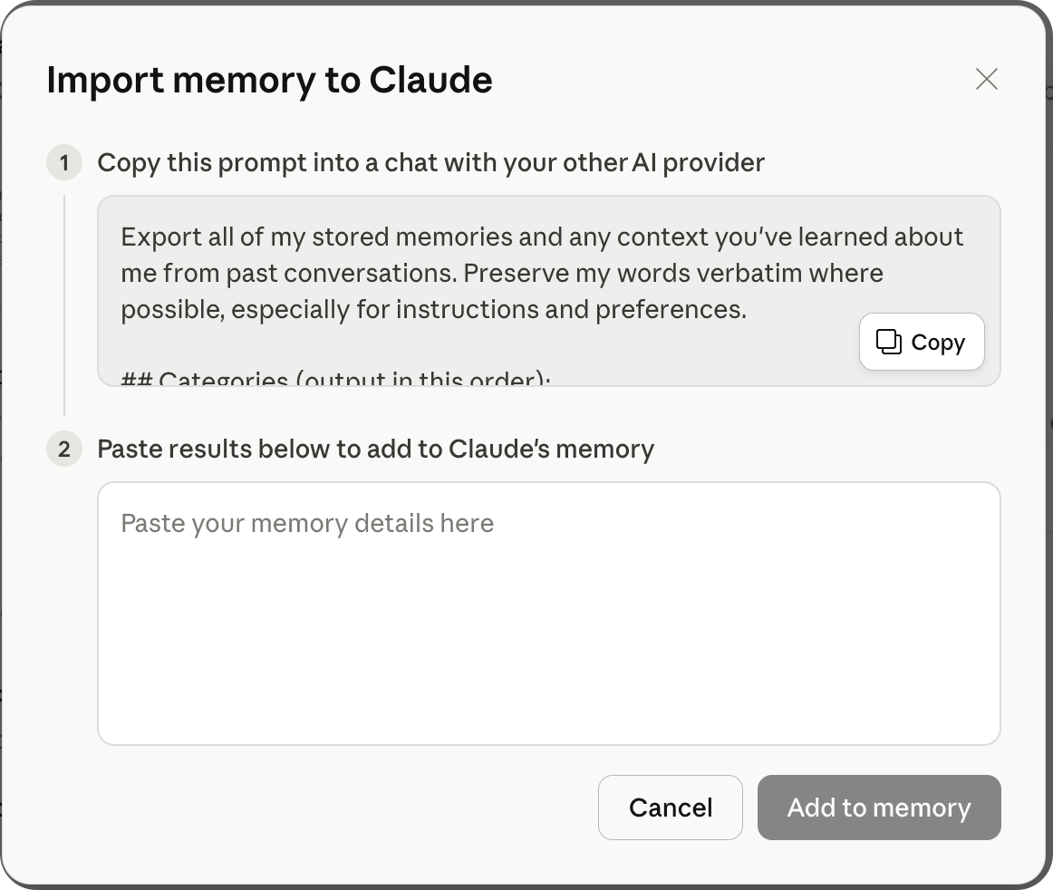 Claude import memory dialog — copy the prompt to export memories from other AI platforms