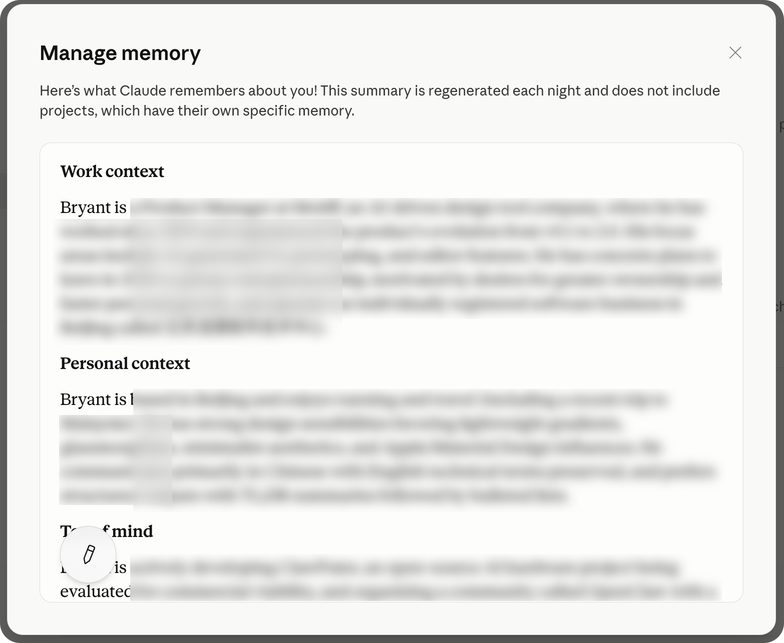Claude memory detail view — showing structured Work context and Personal context