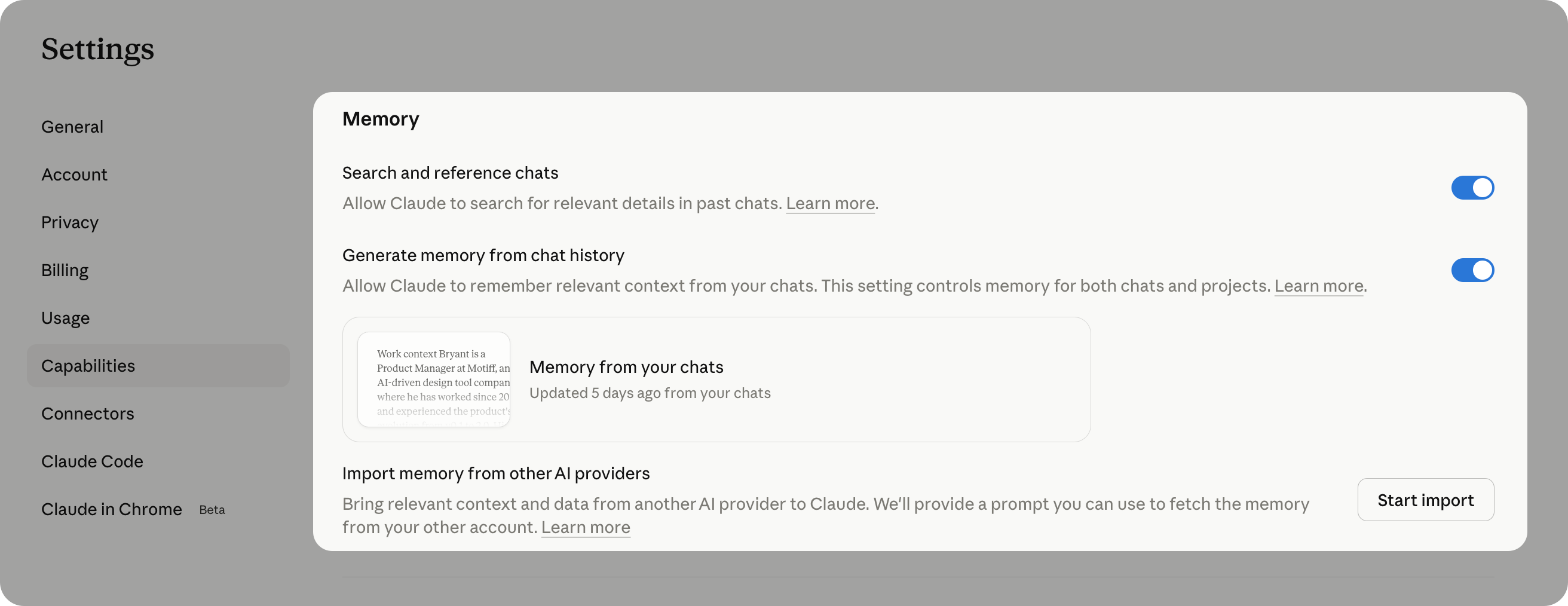 Claude Memory management interface — search, generate, and import AI memories