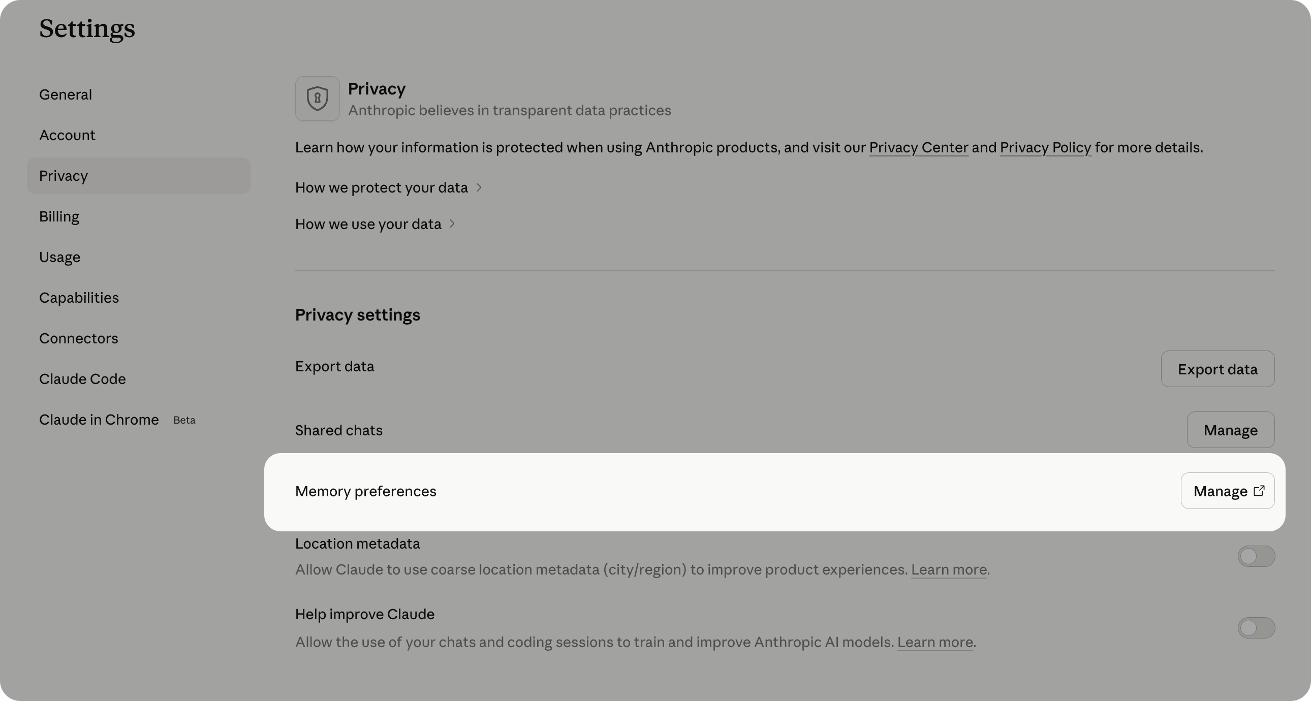 Claude memory preferences in privacy settings