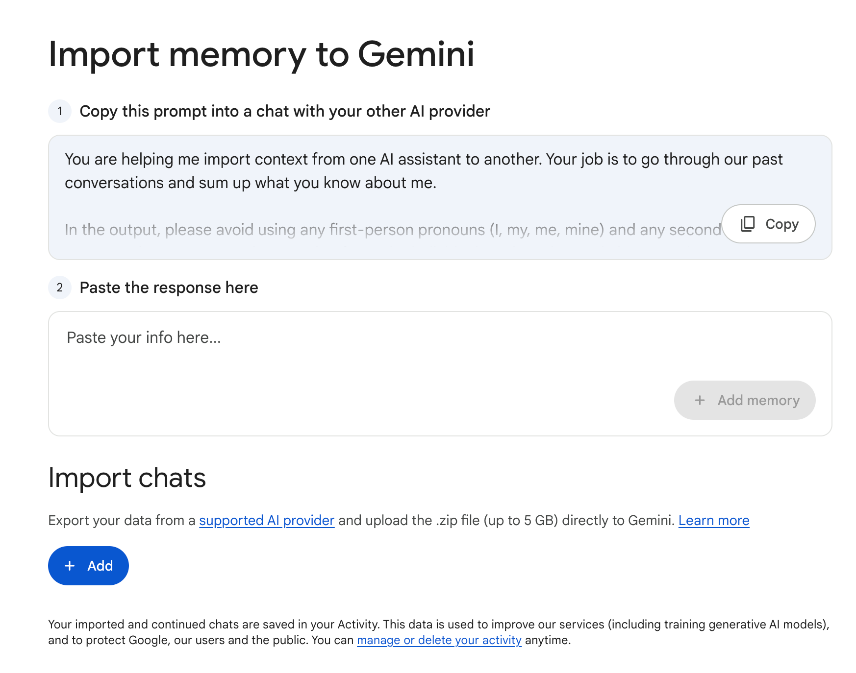 Gemini import memory and chat history dialog — supporting migration from other AI platforms
