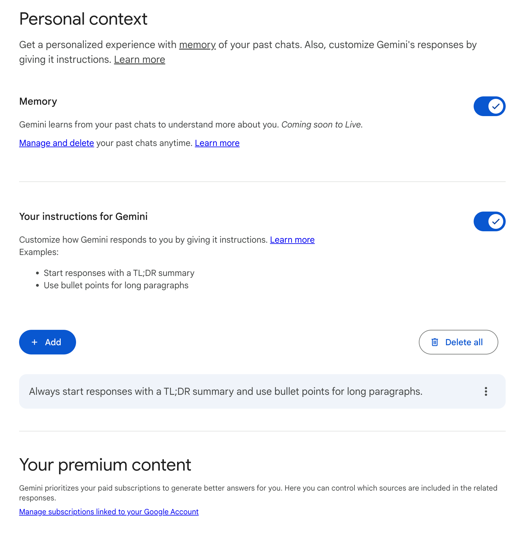 Gemini personal context settings — Memory toggle and custom instructions options